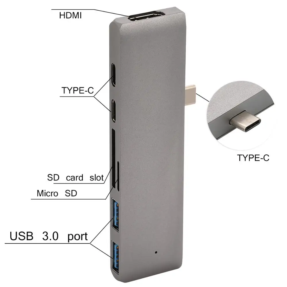 7-в-1 адаптер для чтения карт типа C с двумя USB-C-HDMI SD/TF Card Reader PD Зарядка 4K HD MacBook Pro USB 3 0