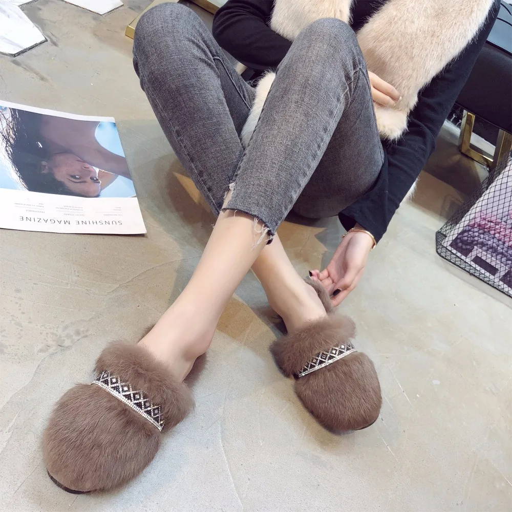 Weweya Plush Fur Home Slippers Women Indoor Shoes Crystal Flip Flops Woman Slides Mule Rhinstone Retro | Обувь