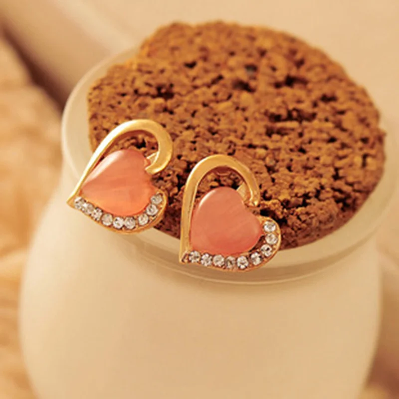 Золото Цвет серьги в виде сердец с украшением кристаллов опал Стразы полый