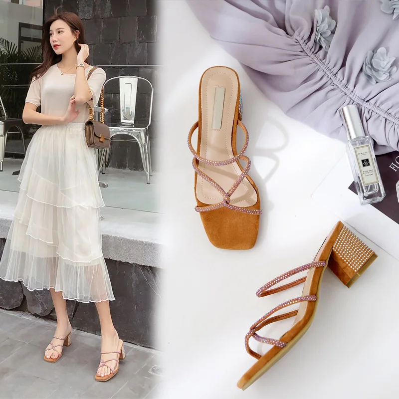 Шлепанцы женские на толстом высоком каблуке повседневные сандалии со стразами