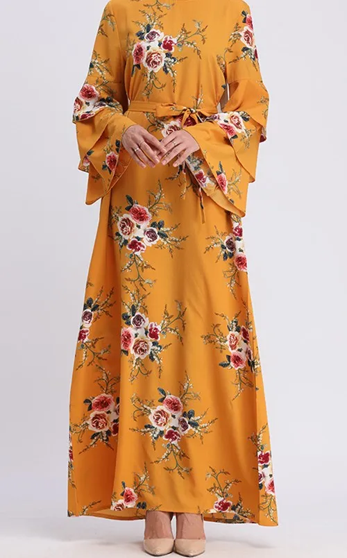Abayas женская мусульманская одежда с цветочным принтом модные бандажные платья Хиджаб Макси мусульманское платье Бангладеш Кафтан Дубай, Турция Халат - Цвет: Abaya