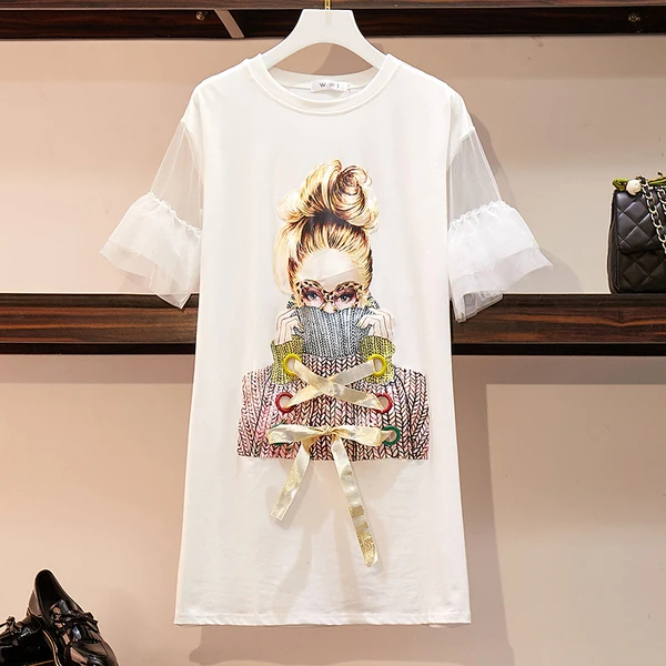 SHTONGHUA/большие размеры, S-4XL, размер, женская футболка, платье, модные очки, лоскутный принт, платья с рукавами-бабочками для девочек