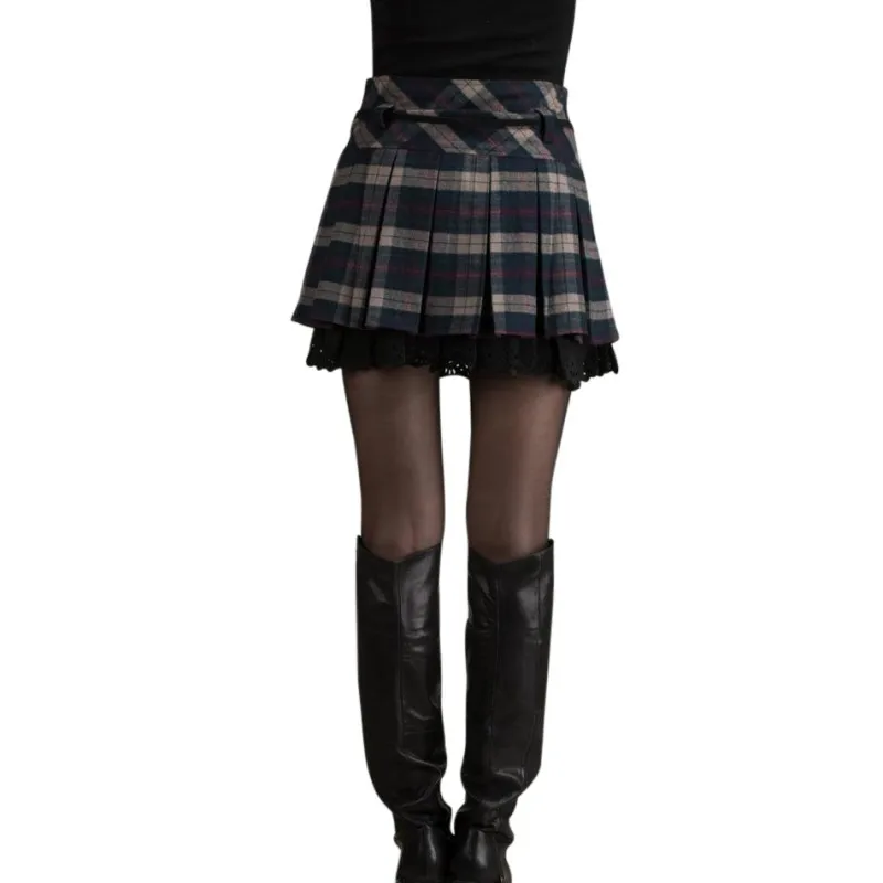 

Girl Spring Skirts for Women Casual Slim Autumn Plaid Pleated Skirt Female Saias Femininas, No Belt