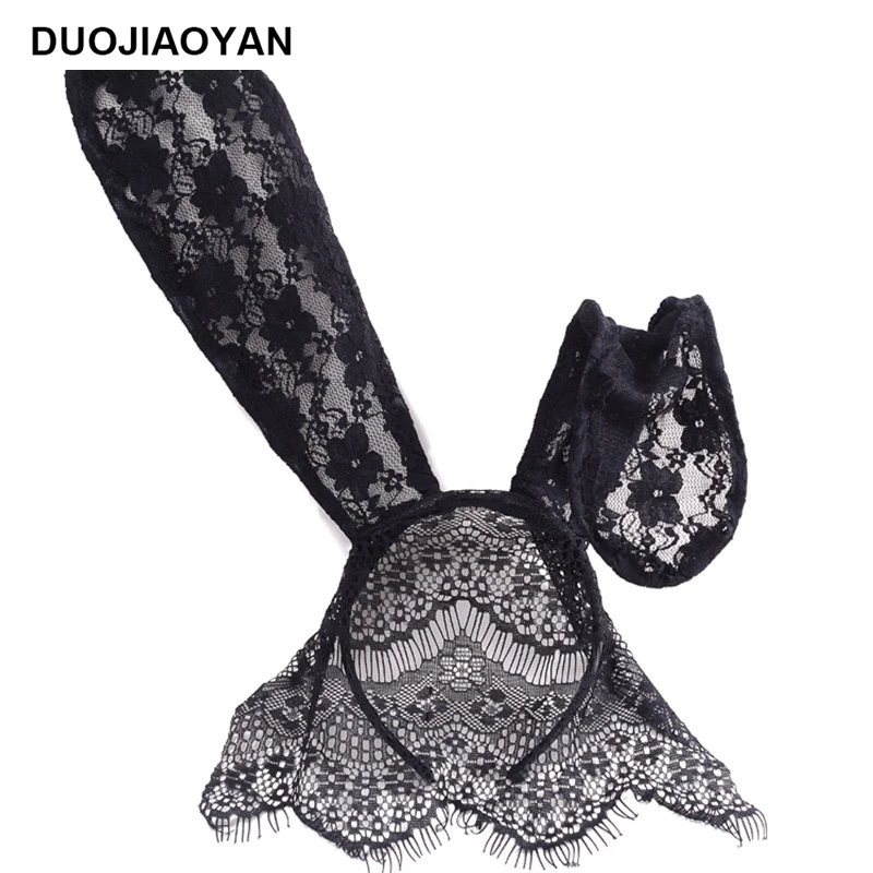 

DUOJIAOYAN New Lace Rabbit Headband Women Bunny Ears Hairband With Veil Girls Halloween Headwear Sexy Party Hair Accessories