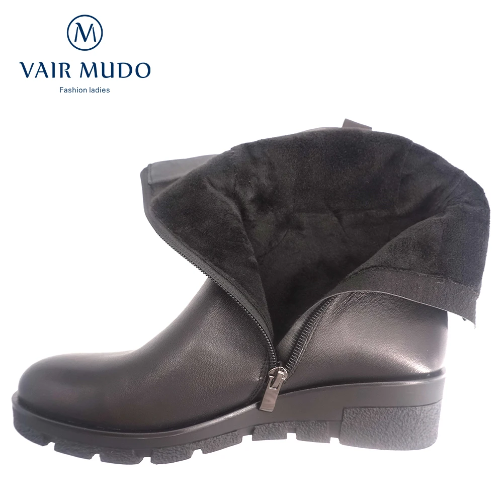 VAIR MUDO/Новые модные черные зимние сапоги из натуральной кожи короткие плюшевые удобные сапоги до середины икры с круглым носком на низком каблуке, сексуальные женские сапоги JX1