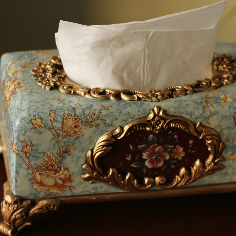 European pastoral luxury retro rectangular paper towel box drawn Hotel Villa blue and elegant decor |