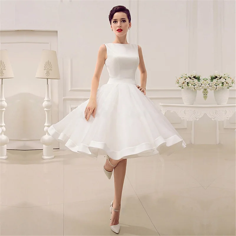 Модный Белый Короткие Выпускные Платья Без Рукавов Линии Колен Атласная Homecoming с