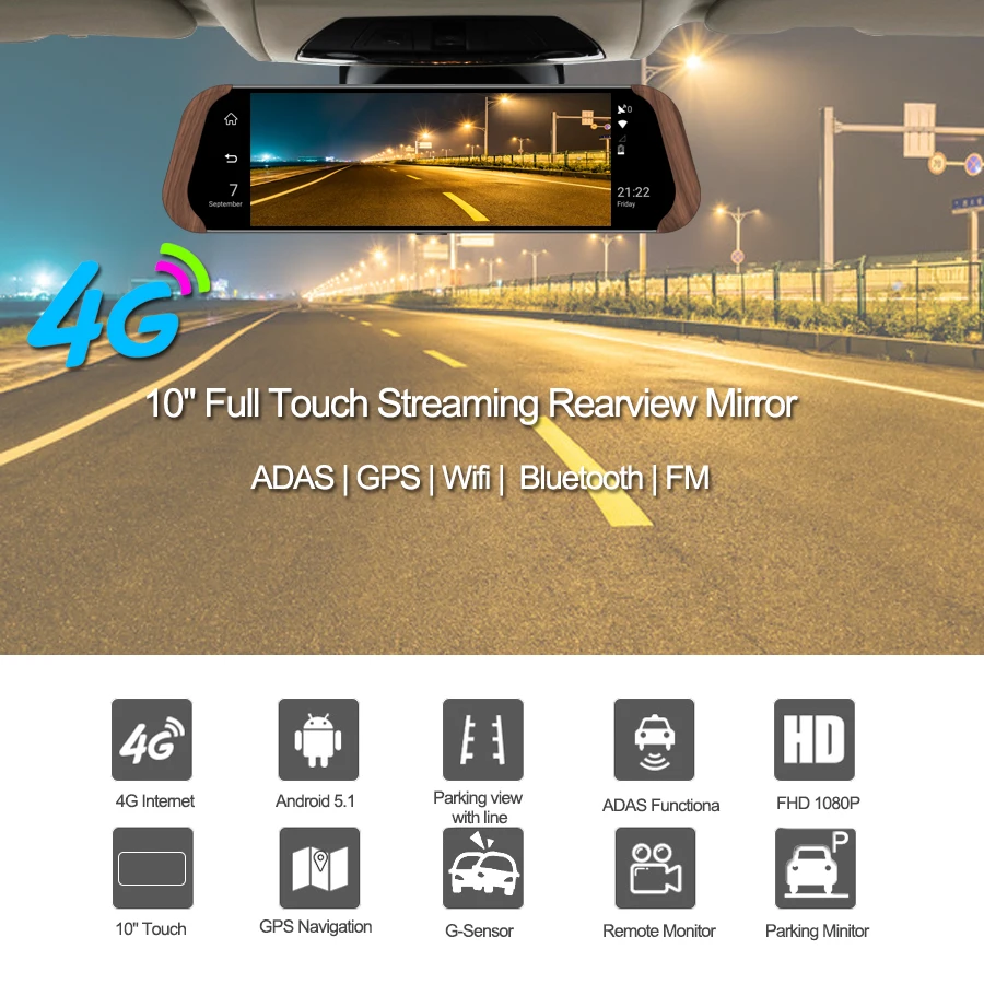E ACE Автомобильный видеорегистратор потоковое зеркало заднего вида 4G Android FHD 1080 P 10