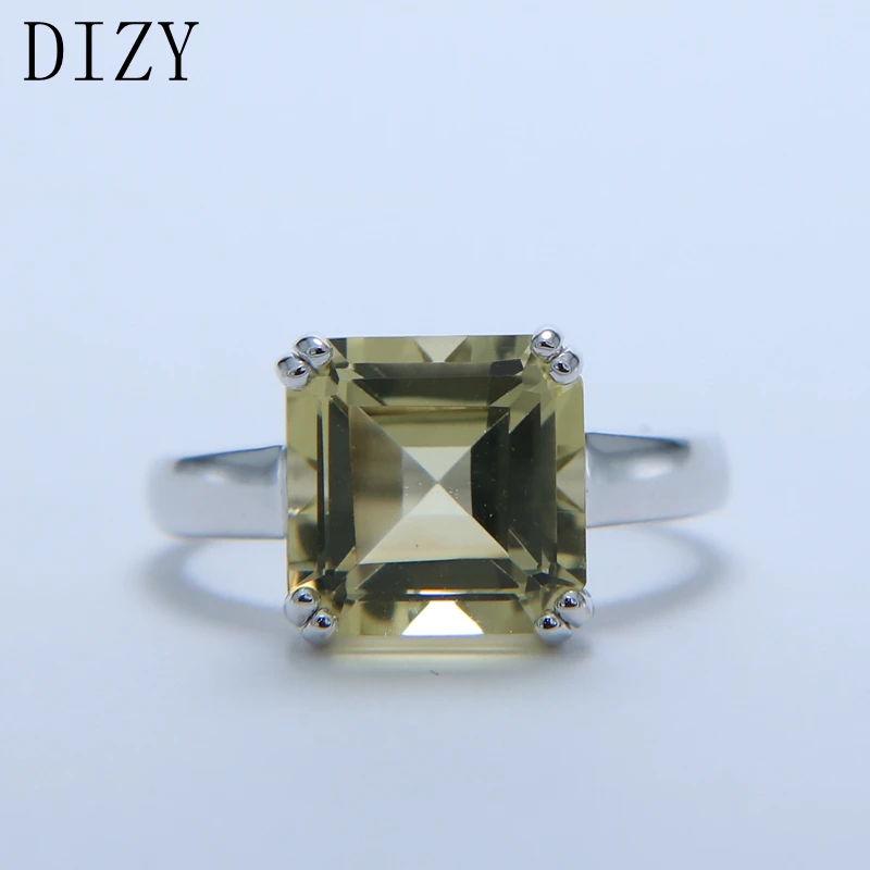 DIZY Natural Octagon 4.6CT Green Lemon Quartz Solid 925 Sterling Silver Gemstone Ring for Women Gift Wedding Engagement Jewelry