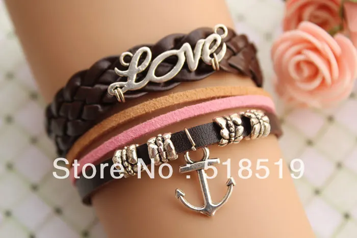 12PCS/LOT!Free Shipping!Silver Alloy Anchor Leather Suede Cuff Bracelet Multilayer Charm Fashion LOVE Women Costume JewelryA 633|costume