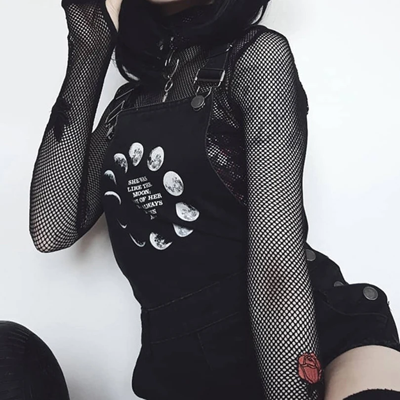 Moon Phase Printed Denim Overalls Shorts for Women Summer Gothic Straps Streetwear Girls Punk Letter | Женская одежда