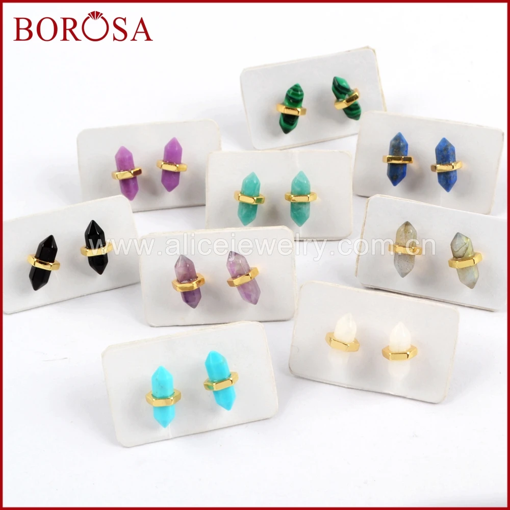 Серьги-гвоздики BOROSA ZG0348 золотистого цвета с натуральным камнем 5 пар | Украшения и