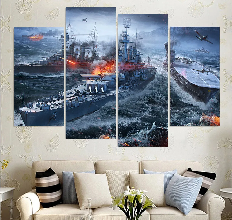 Акция высокое качество Настенная картина на холсте Wargaming warship HD печать 4 шт. Постер
