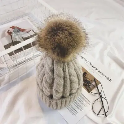 COKK, Женская кашемировая зимняя шапка, вязаная, Skullies Beanies, шапки для женщин, шерстяная шапка для девочек, Gorros, Корейская, искусственный мех, помпон, шапка - Цвет: Beige