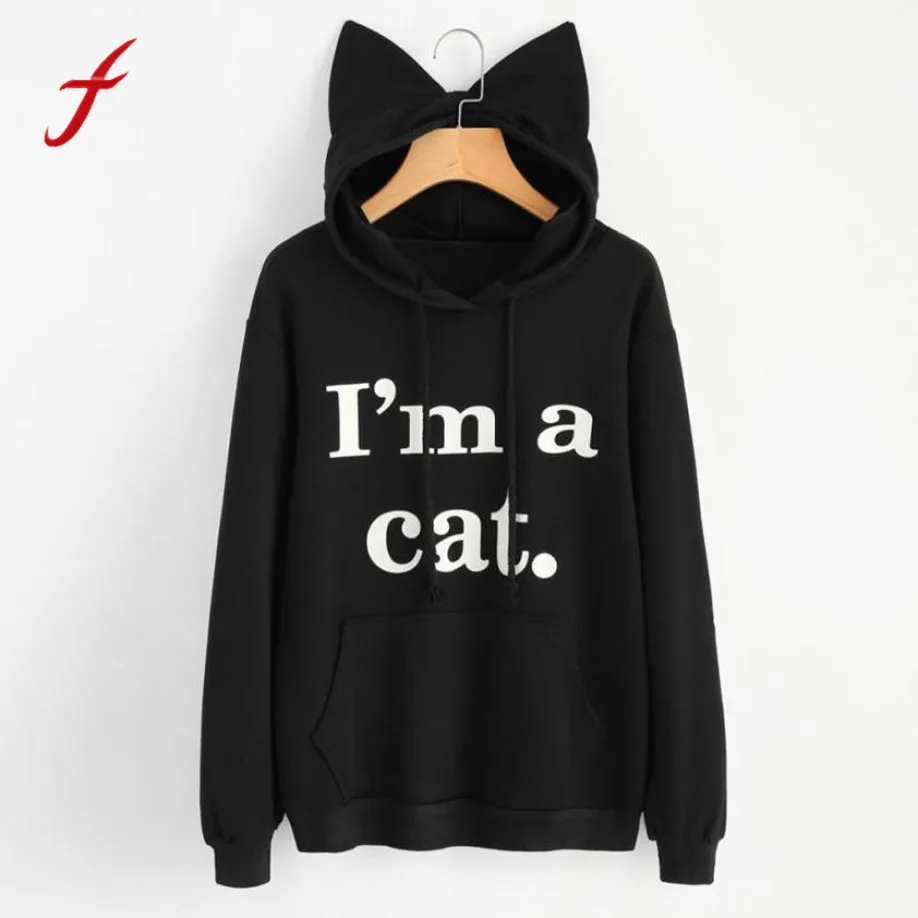 Женская толстовка с капюшоном надписью I am a Cat kawaii пуловер карманами и длинными