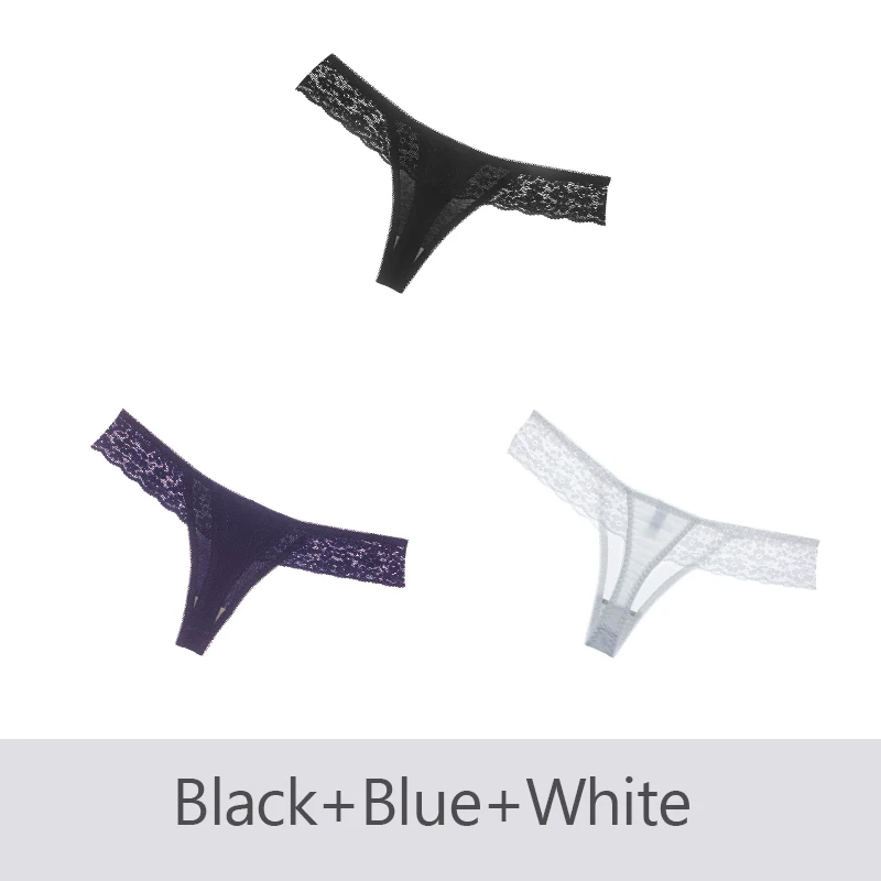 Black Blue White 3 шт./лот, женские трусики, нижнее белье, сексуальные стринги, кружевные, Т-образные, прозрачные, женские трусы, женское хлопковое белье DULASI - Цвет: Black Blue White