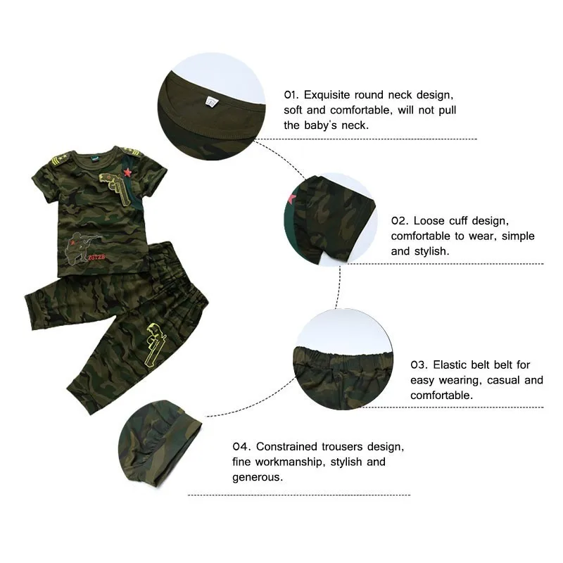 Camouflage Pistol Kid Clothes Cotton Short Sleeve T Shirt Calf-pants Summer Children Outfits Boys Girls Sets Clothing | Детская одежда