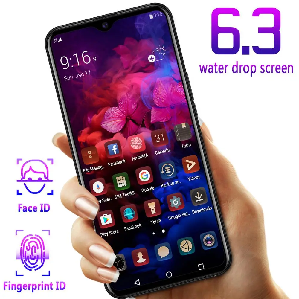 Роскошный смартфон 6,3 дюймов капли воды экран android мобильный телефон отпечаток пальца лица ID сотовый телефон кожа текстура I Bluetooth 3,5