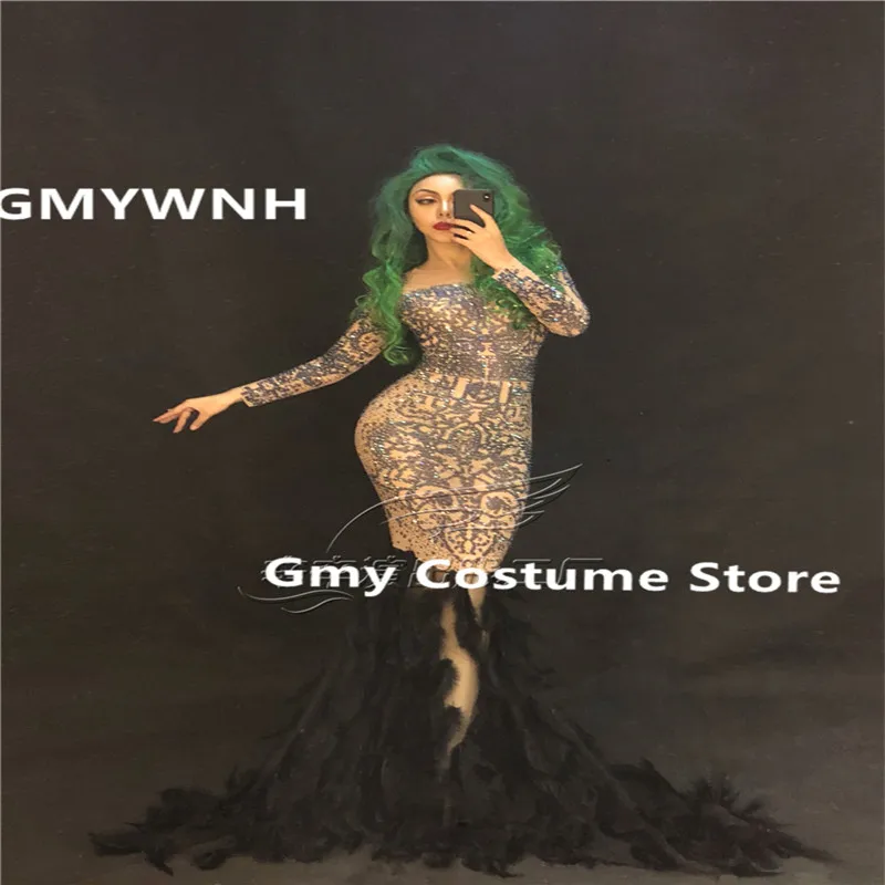 

R82 Female long dresses Black feather bag hip skirt singer performance wears show outfits dj club ballroom dance costumes clothe