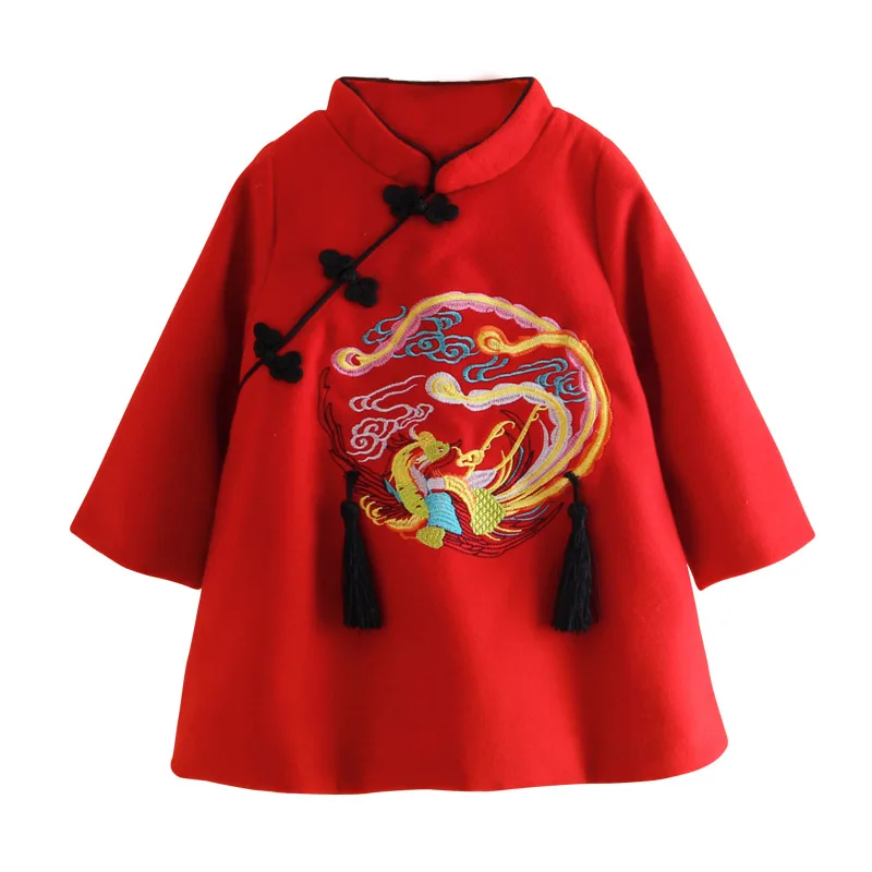 

2021 Winter 6 10 Years 120cm 140cm New Year Embroidery Thickening Kids Baby Girl Traditional Chinese Tang Red Cheongsam Dress