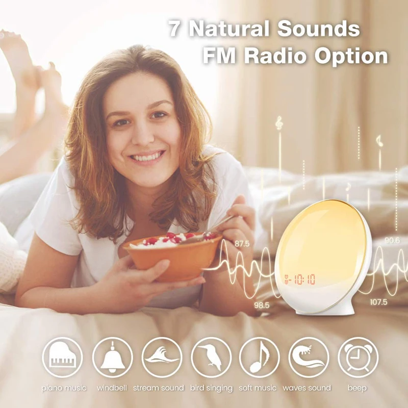 Wake-Up Light, Lbell Alarm Clock, 8 цветов, функция моделирования и помощи для сна, двойной будильник с fm-радио, 7 натуральный