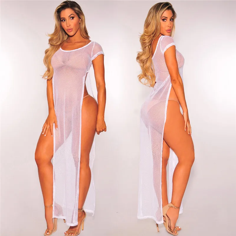 Sheer Mesh Summer Dress Sexy Beach Cover Up Short Sleeve High Slit See-through Women Bikini 2018 Swimsuit Cover-up Vestidos |