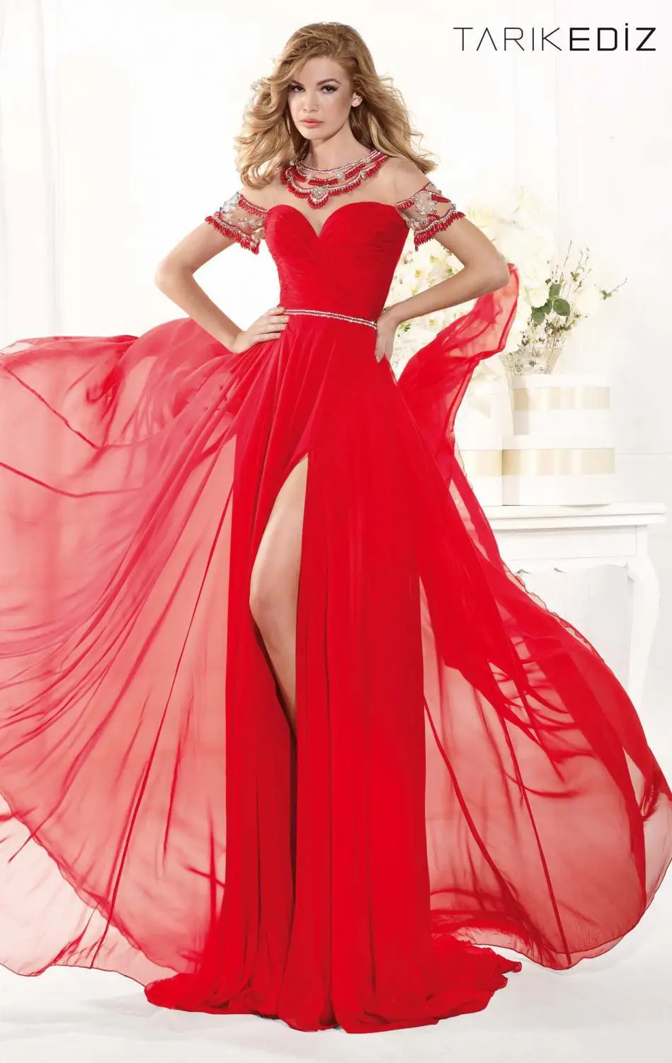 2014 Vestidos A-line High Collar Cap Sleeves Court Train Red Chiffon Beaded Long Party Elegant Evening Dresses Prom Gown | Свадьбы и