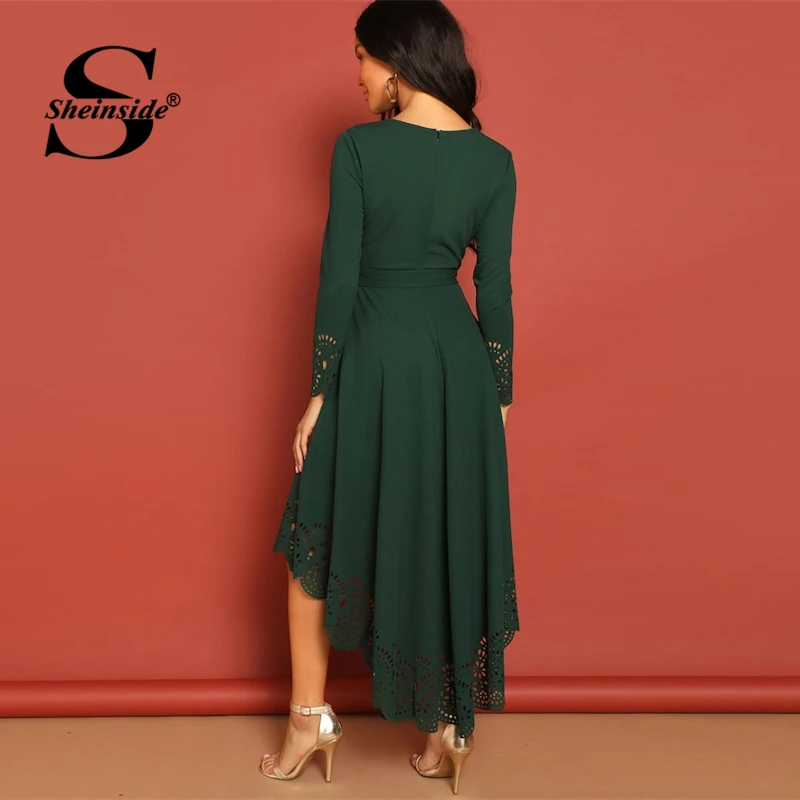 Sheinside Scallop выдолбленные вечерние женские платья весенние элегантные однотонные платья с поясом повседневное асимметричное платье трапециевидной формы с подолом
