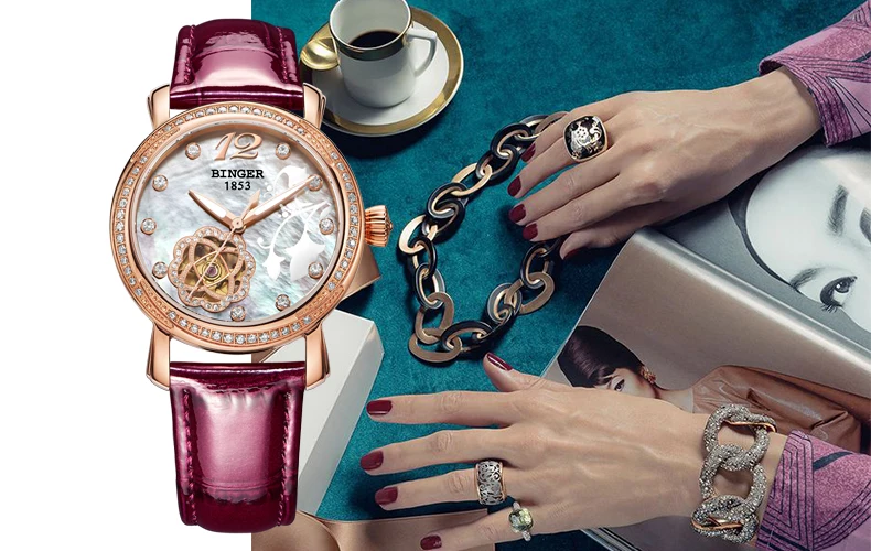 Japan MIYOTA Automatic Watches BINGER Brand Women Mechanical Watch Female Form Queen Series Rose Gold Waterproof Diamond