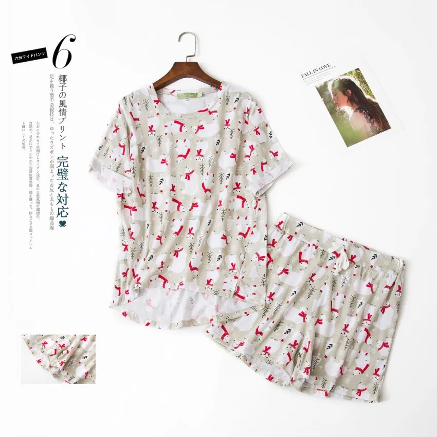 Khaki bear set Хлопковые пижамы, женские, мульти стили, летние, Мультяшные, с котом, Кроликом, птицей, комплект из 2 предметов, с коротким рукавом, с эластичной резинкой на талии, пижамы для отдыха, S84694 - Цвет: Khaki bear set