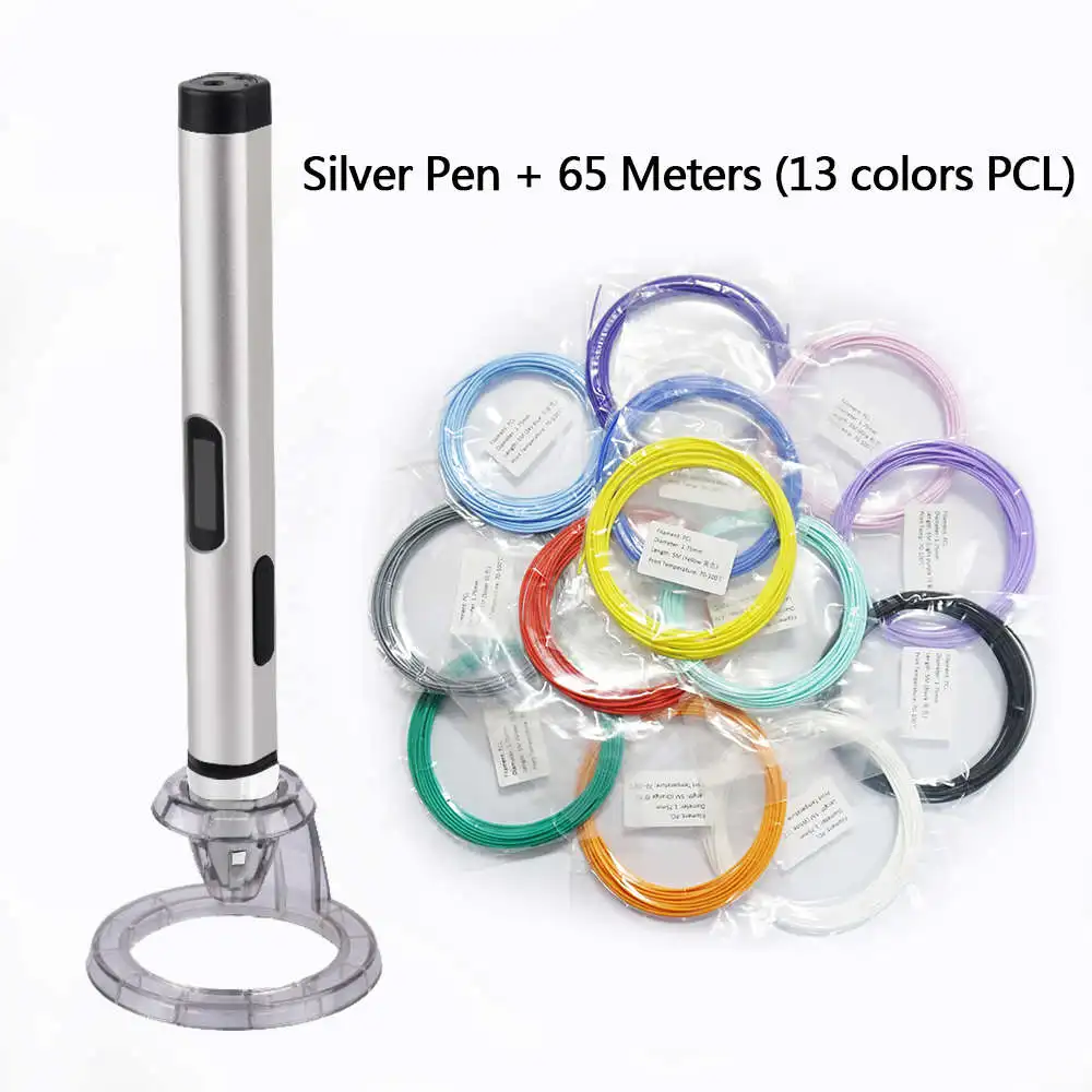Silver pen 65M PCL Dewang Новые X4 Интеллектуального 3D Печать Ручка с ЖК-Экраном, Низкая Температура USB 3D Ручка Металлический цвет Ультра-свет - Цвет: Silver pen 65M PCL