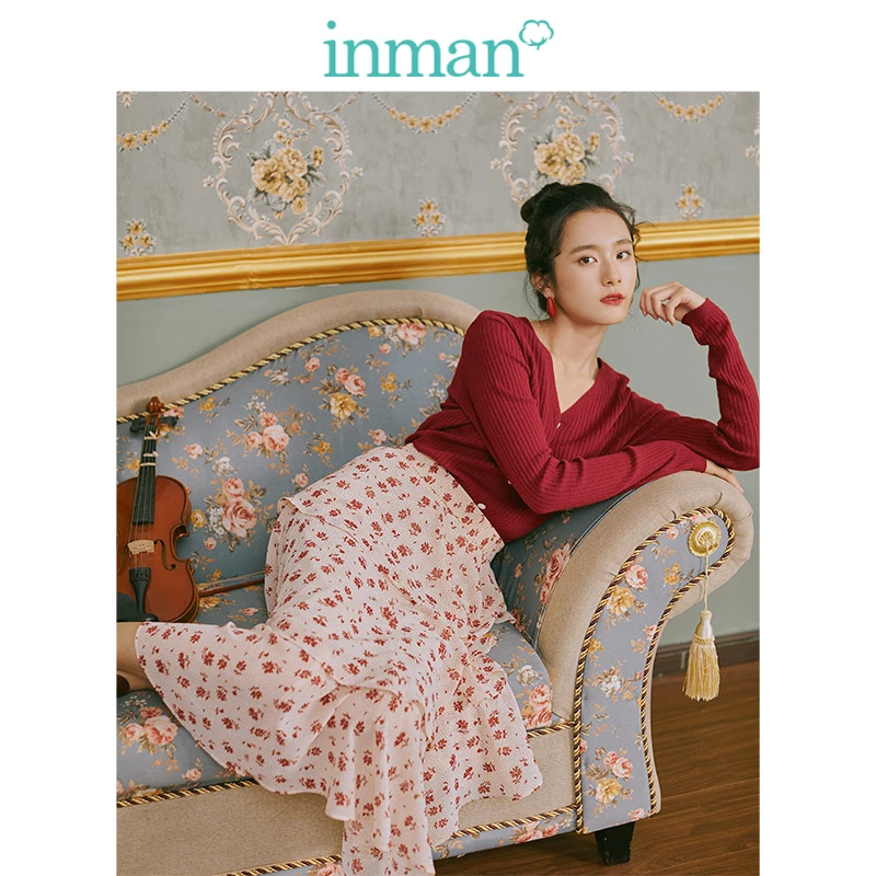 INMAN Spring Autumn Young Literary Style V-neck Slim All Matched Women Snit Sweater | Женская одежда