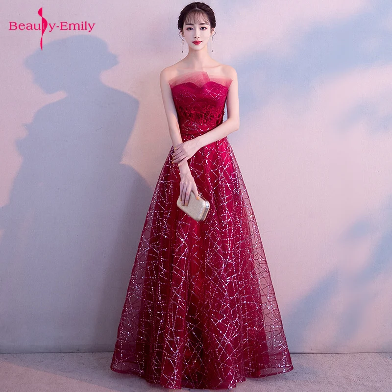 

Beauty Emily Long Burgundy Strapless Evening Dresses Sleeveless Tulle Sequins Appliques Party Dress Open Back Ribbons Prom Gowns