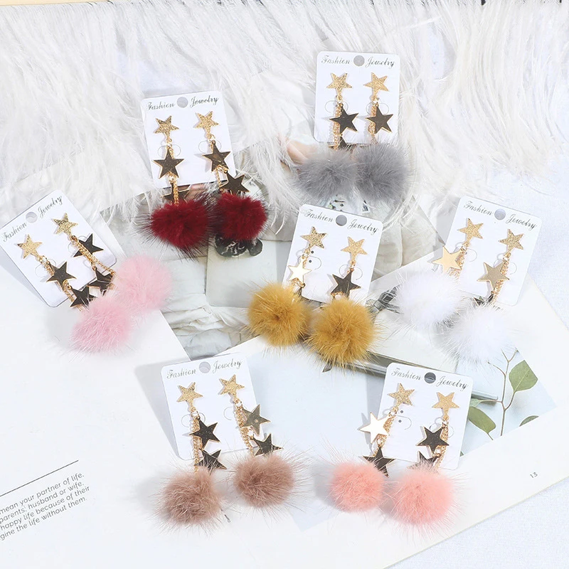 Серьги Pom Pon с помпоном из меха норки, минималистичные серьги со звездами, длинные серьги с цепочкой в виде капель, разноцветные помпоны в стиле Харадзюку, ювелирные изделия для женщин и девушек, подарок