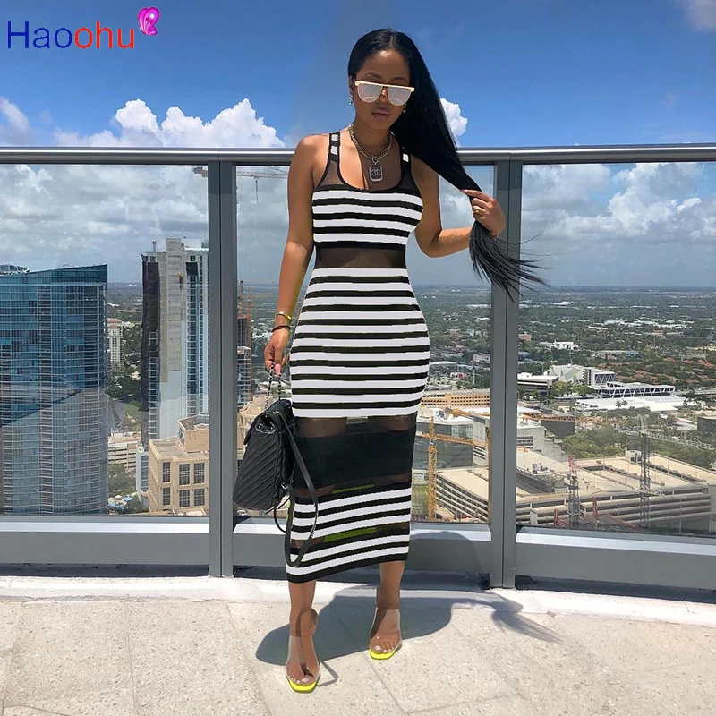 

HAOOHU Neon Sexy Bodycon Mesh Sheer Striped Dress Summer Clothes for Women Sundress Casual Vestidos Elegant Party Club Dresses