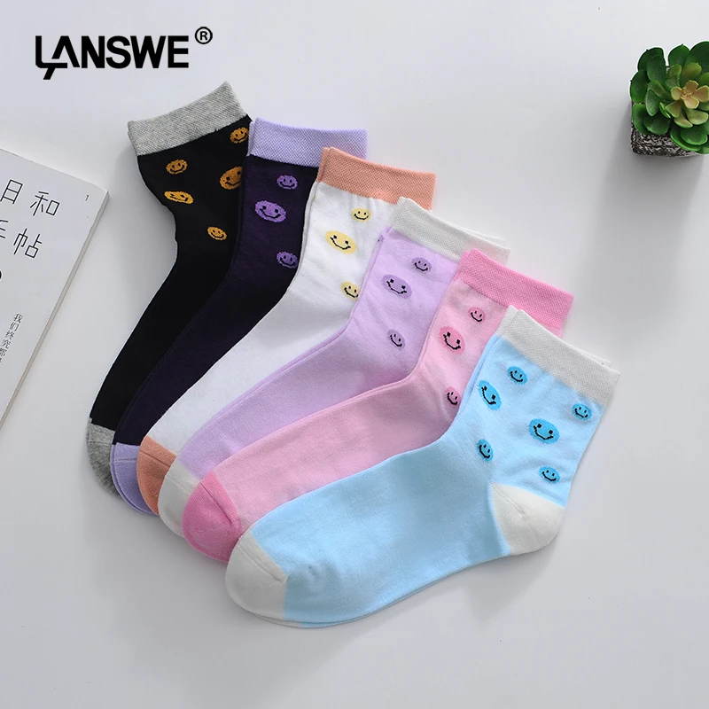 Lanswe 6 пар/лот 2017 новые женские хлопковые мягкие Носки характер улыбка лицо