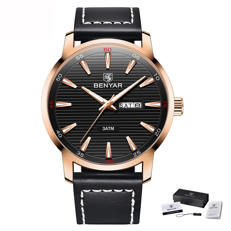 Gold Black Топ люксовый бренд BENYAR новые мужские часы модные водонепроницаемые неделя Дата Военные мужские кварцевые кожаные часы Relogio Masculino - Цвет: Gold Black