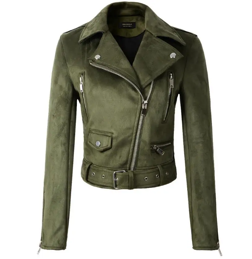 8712 Dark Green Новое поступление, женские осенне-зимние замшевые Куртки из искусственной кожи, женские модные матовые мотоциклетные пальто, Байкерская верхняя одежда желтого, розового, черного цвета, Лидер продаж - Цвет: 8712 Dark Green