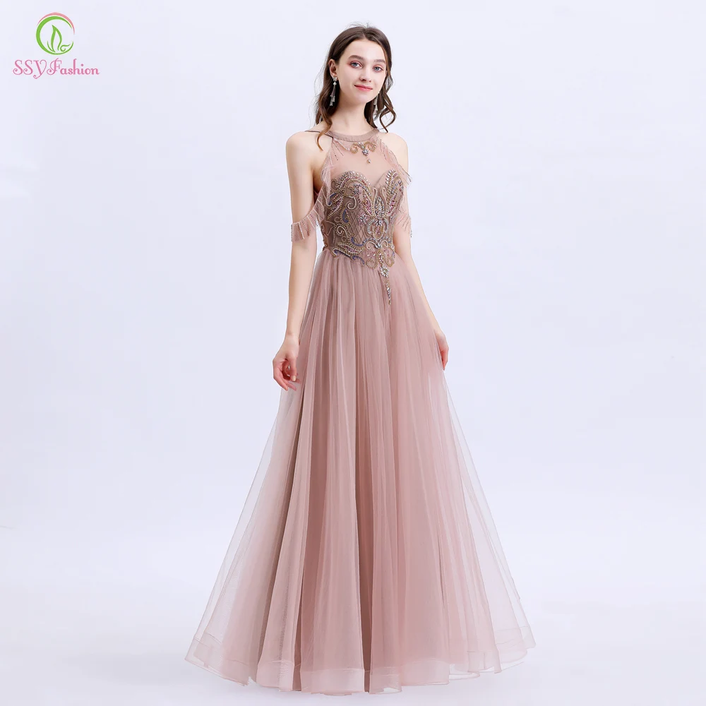 SSYFashion, новинка, роскошное вечернее платье, женское, для банкета, элегантное, с бретелькой через шею, длина до пола, с блестками, с бисером, для выпускного вечера, официальное платье, Vestido De Noche