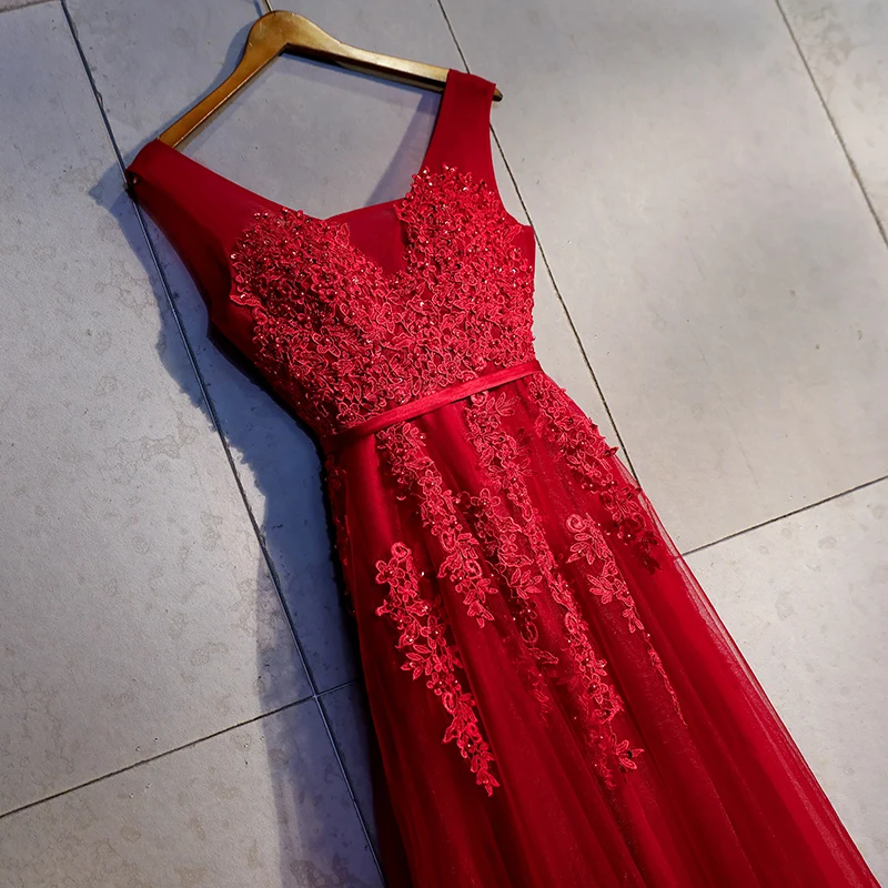 Вечернее платье с v-образным вырезом Robe De Soiree бордовый Тюль с вечерние платья с аппликацией длинное платье настоящая фотография vestido de festa