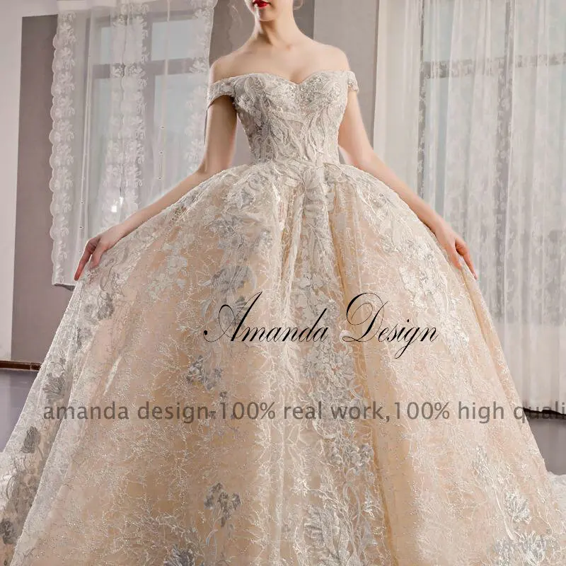 Аманда дизайн халат mariage с открытыми плечами кружева аппликации свадебное платье цвета шампань длинный поезд