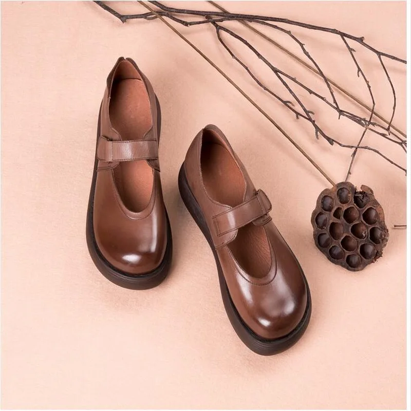 RUSHIMAN Flat Platform Woman Shoe Handmade Genuine Leather Flats literary vintage Soft Comfortable Shoes For Women Ladies Shoes