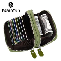 kevin yun designer brand women id card holder genuine leather double zipper ladies credit card case wallet large capacity