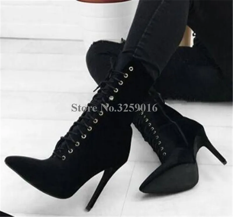 

Classical Style Women Pointed Toe Suede Leather Thin Heel Short Boots Lace-up Black High Heel Ankle Booties Dress Shoes