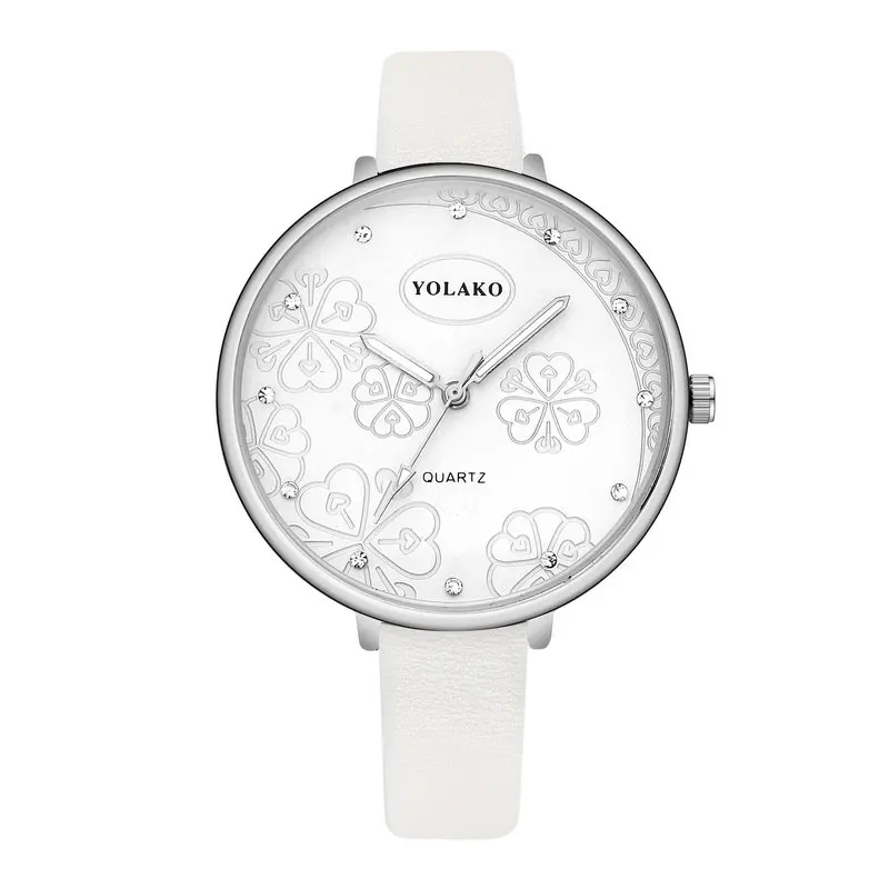 Women Flower Pattern Wristwatches Silver Dial Luxury Leather Rhinestone Quartz Watches Clock Clover Heart ZC Diamond YOLAKO Hour | Наручные