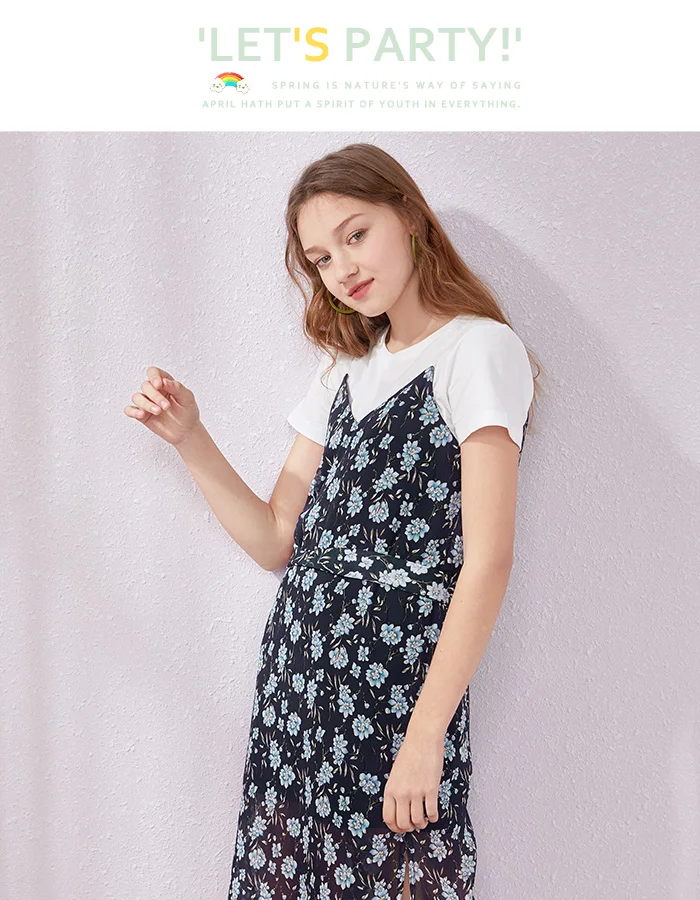 SEMIR Летний костюм платье женское круглый вырез белая рубашка цветочный шифон ремень платье для женщин