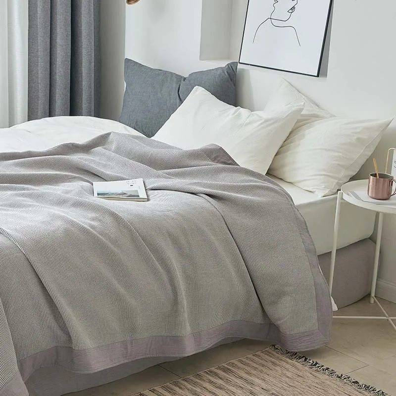 gray Soft Premium Cotton Thermal Throw Blanket Cozy Bedding Coverlet- Perfect for Layering any Bed Sofa Car Lightweight Breathable - Цвет: gray