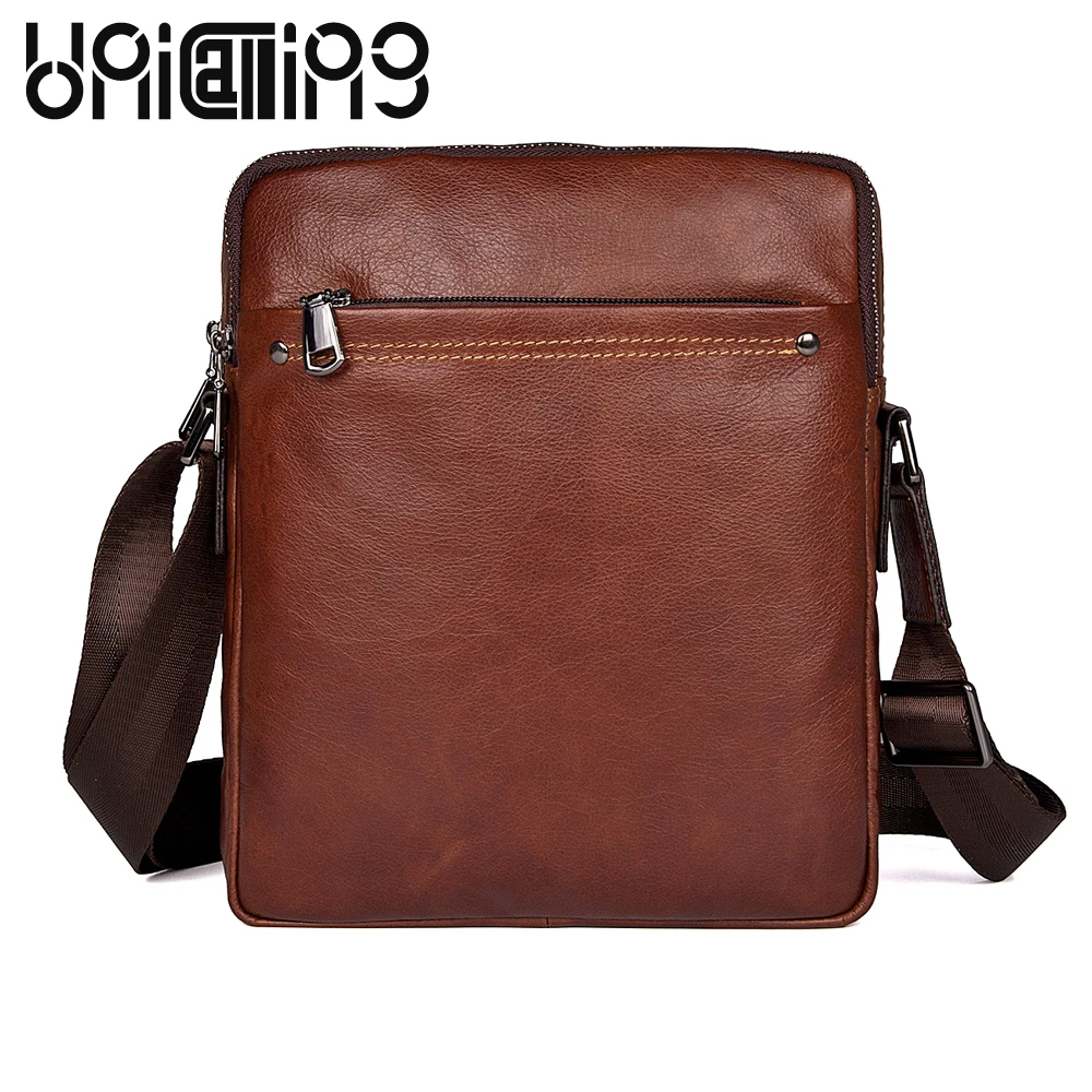 UniCalling Fashion Brand men bag Solid Color Retro genuine leather messenger bags Zipper Leisure small |