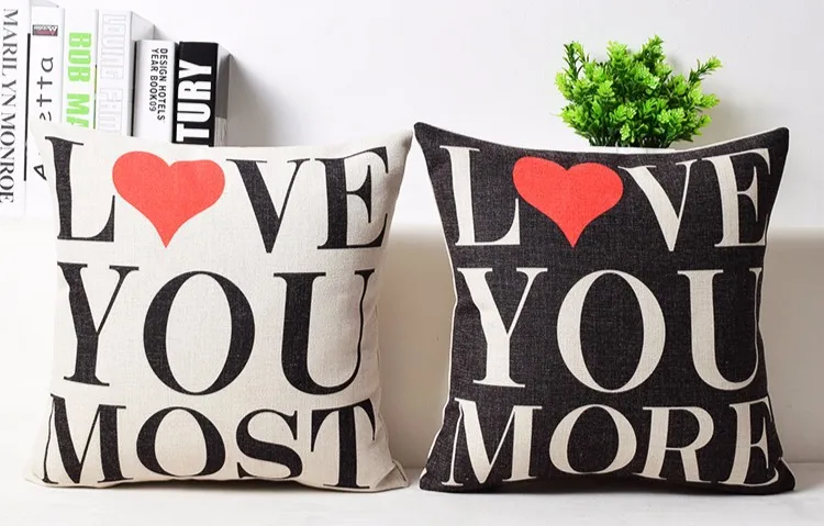Hot Couple Heart Love You More Most Black White Linen Cotton Cushion Cover Throw Pillow Case Wedding Gift Home Decor 18&quot | Дом и сад