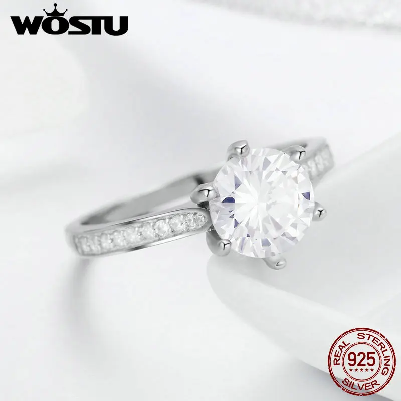 WOSTU, 925 пробы, серебряное, 3 карата, AAAAA, Круглый, CZ, кольцо на палец для женщин, роскошное, для свадьбы, юбилея, помолвки, ювелирное изделие, подарок DXR342